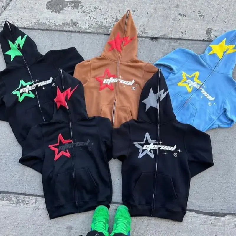 Men's Star Letter Printing Vintage 2000s Zipper Hoodie